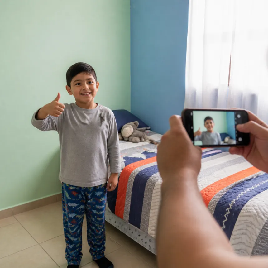 Papá toma foto a su hijo junto a la cama tendida