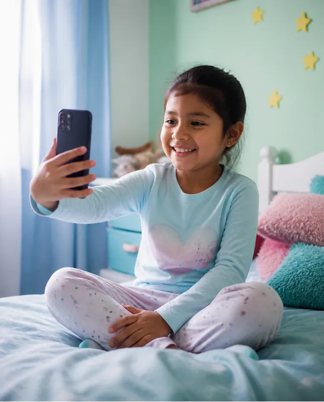 Niña feliz usando la app en su celular